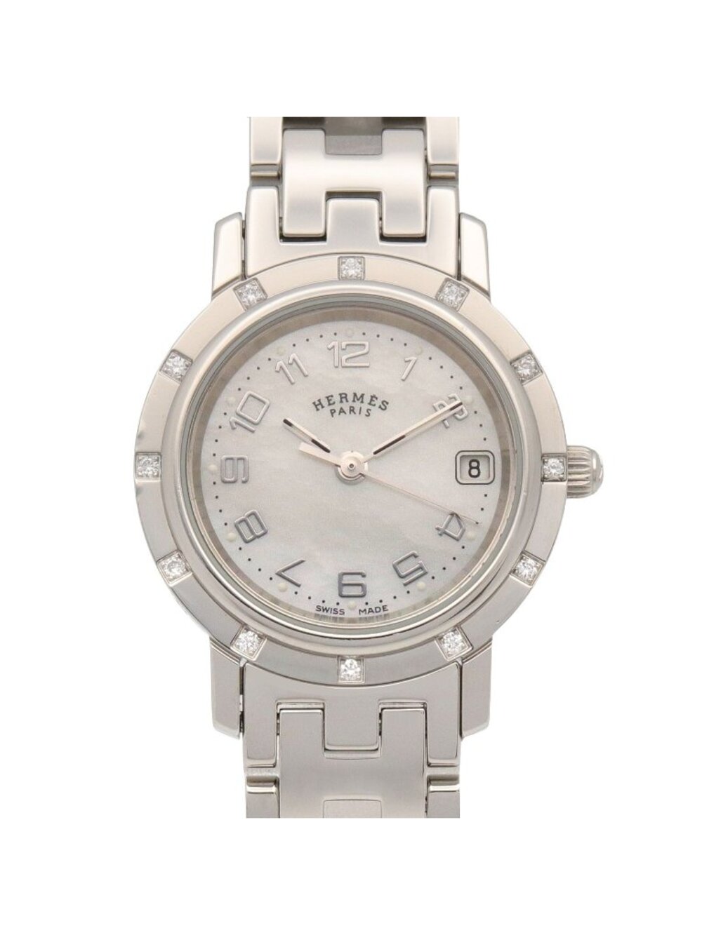 Hermes Watch Clipper Nacre Diamond White Shell Stainless Steel